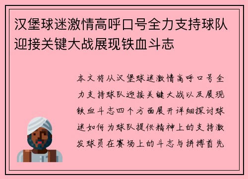 汉堡球迷激情高呼口号全力支持球队迎接关键大战展现铁血斗志